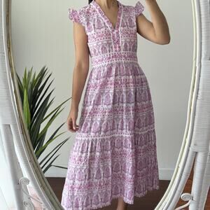 Bindu Dress Small Purple Floral Block Print Cotton Ruffle Boho Midi Sundress